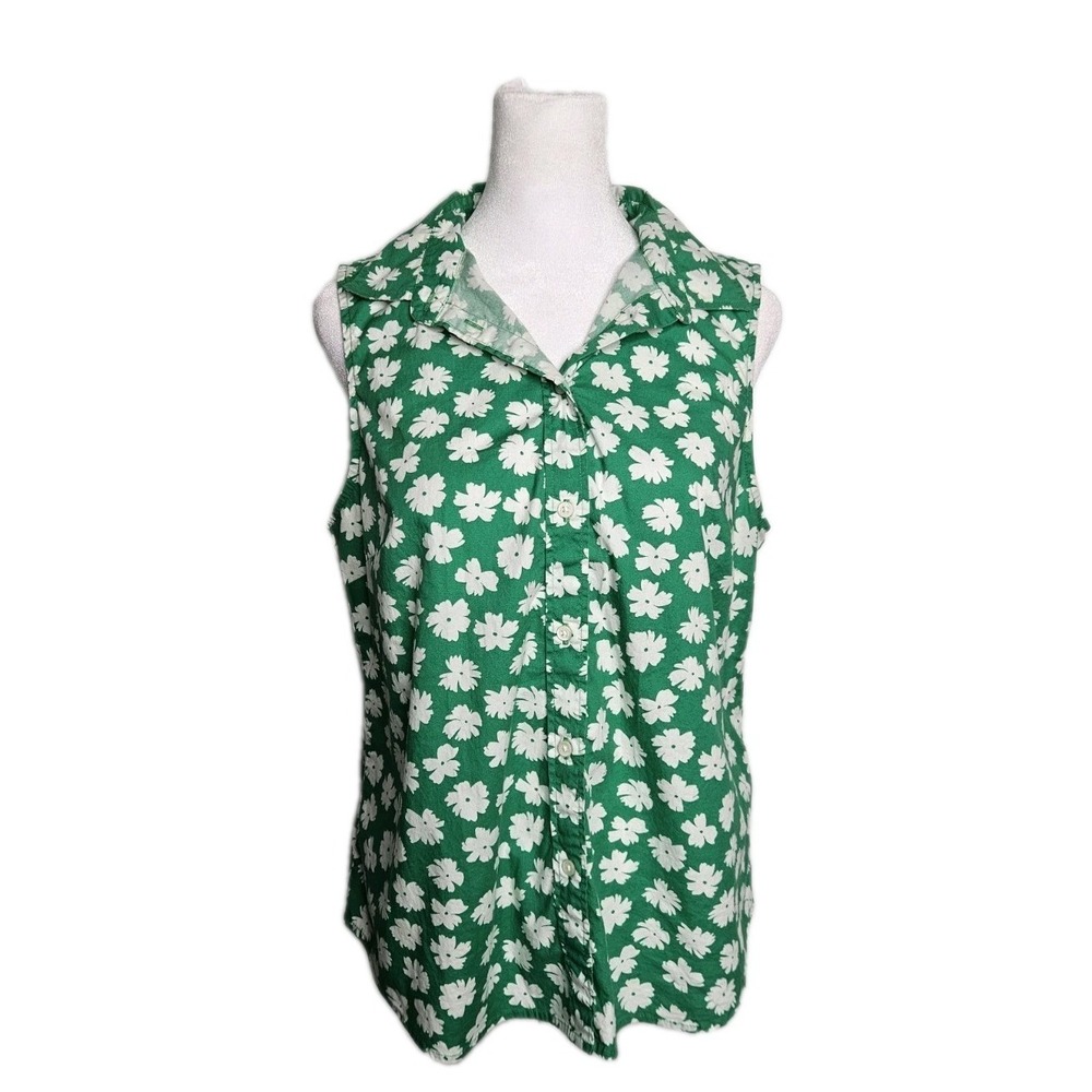 J Crew Floral Blouse Womens M Button Down Sleeveless Green White St. Patrick's